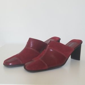 Red leather and suede mule shoes size 8.5